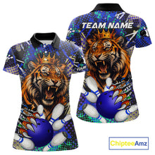 Load image into Gallery viewer, Blue graffiti tiger bowling team polo shirt for women with bold tiger artwork.