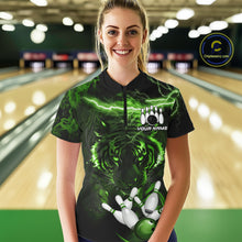 Load image into Gallery viewer, Woman wearing green thunder lightning tiger bowling quarter zip shirt front view.