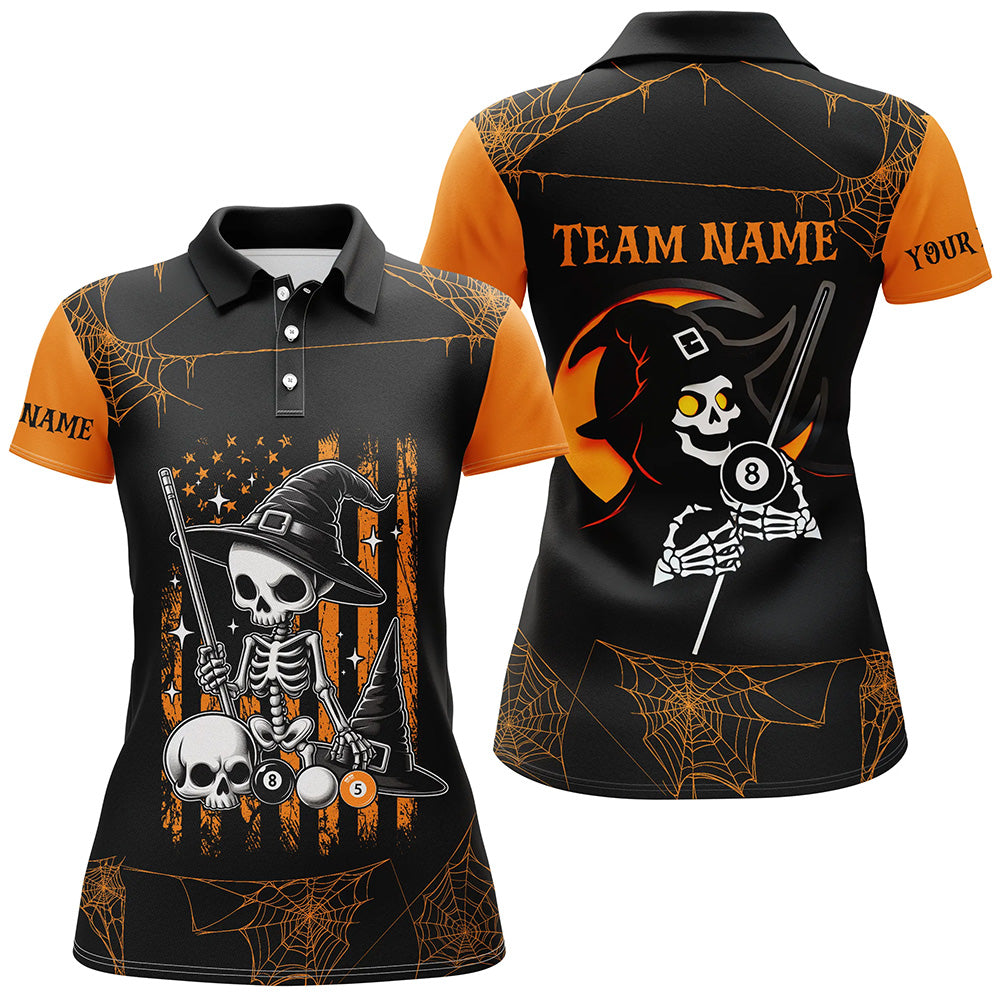 Funny Skeleton US Flag Billiard Halloween Shirts For Women Custom Black Orange Billiard Jerseys TDM2407