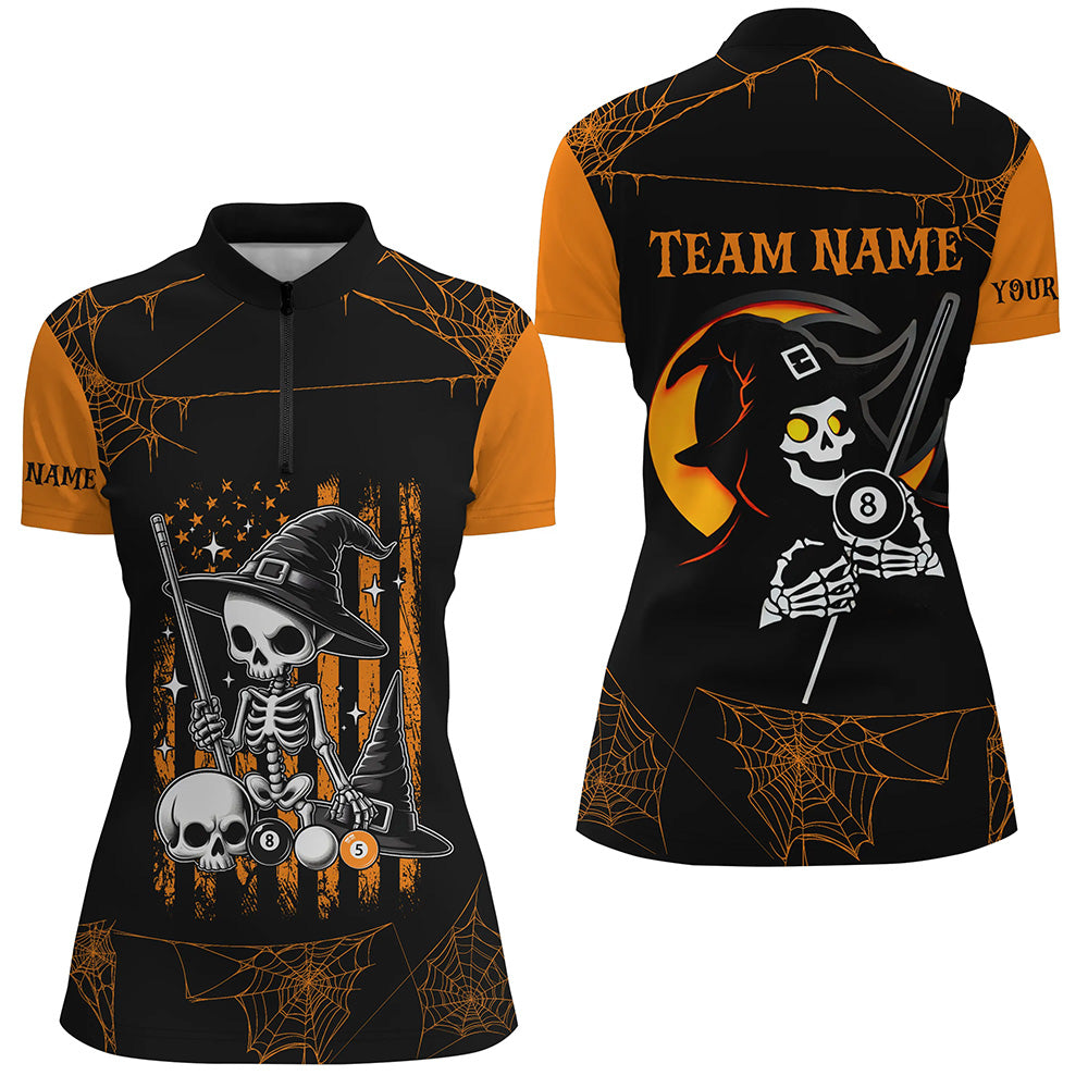 Funny Skeleton US Flag Billiard Halloween Shirts For Women Custom Black Orange Billiard Jerseys TDM2407