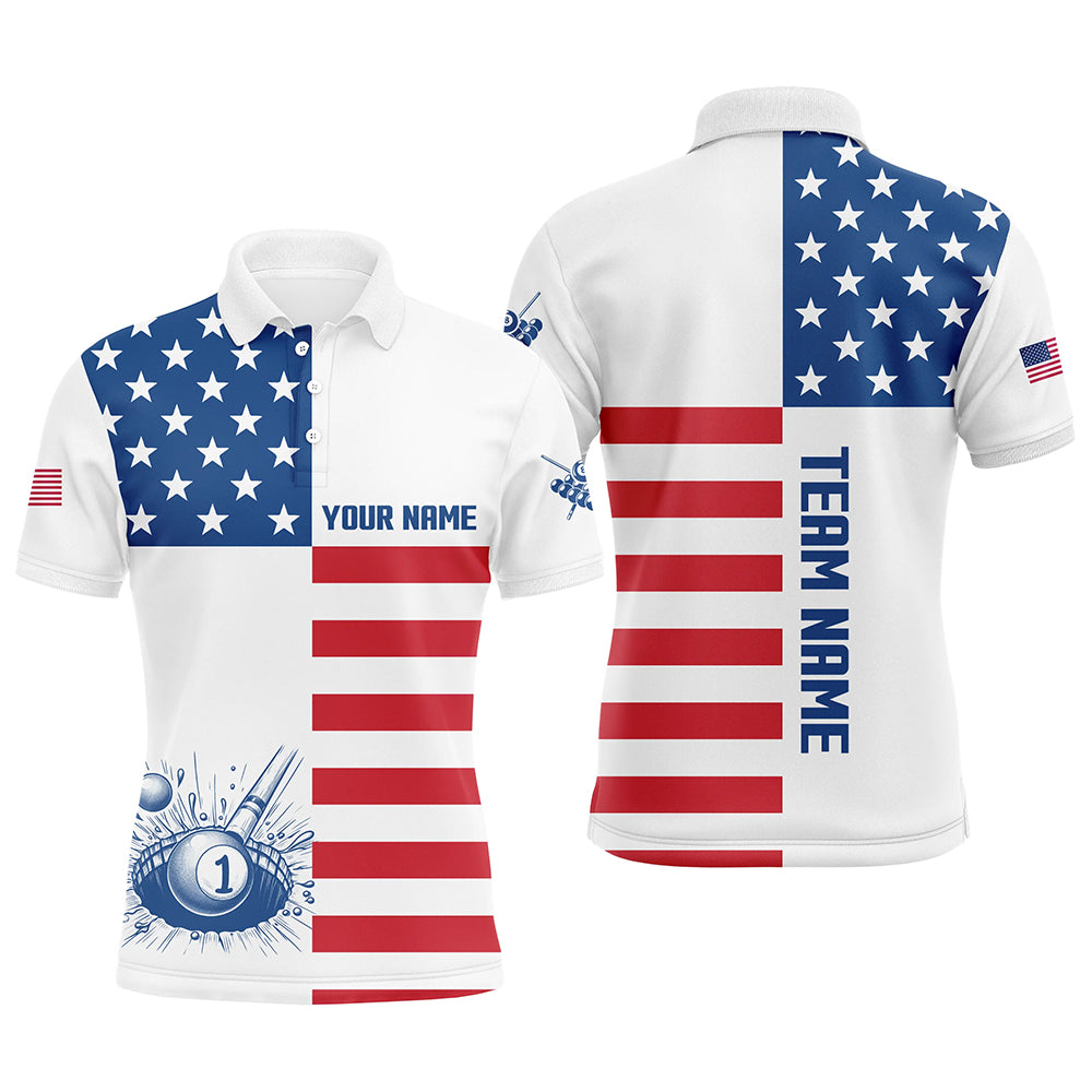 Personalized American Flag Billiard Polo Shirts Custom Name Patriotic Pool Player Shirts For Men TDM1030