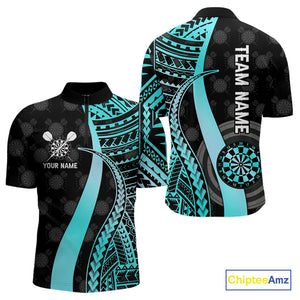 Personalized Black And Turquoise Tribal Dart Shirts For Men Custom Dart Jersey Team Polo & 1/4 Zip TDM4106