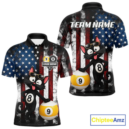 Men’s funny cat 8 ball pool polo shirt with American flag billiard graphics and playful style.