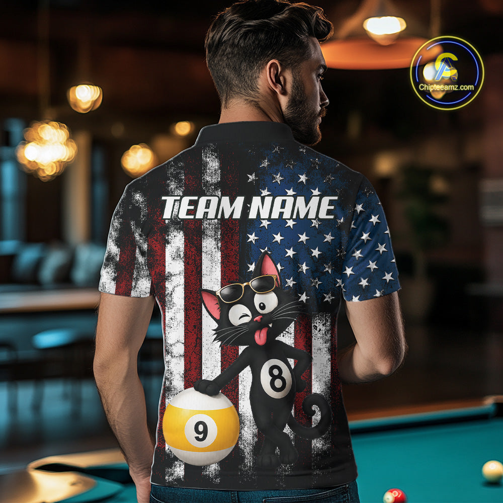 Back view of man wearing a funny cat pool team shirt in a billiards hall.