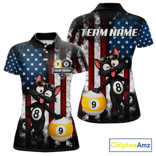 Women’s funny cat 8 ball pool polo shirt with American flag billiard graphics and playful style.