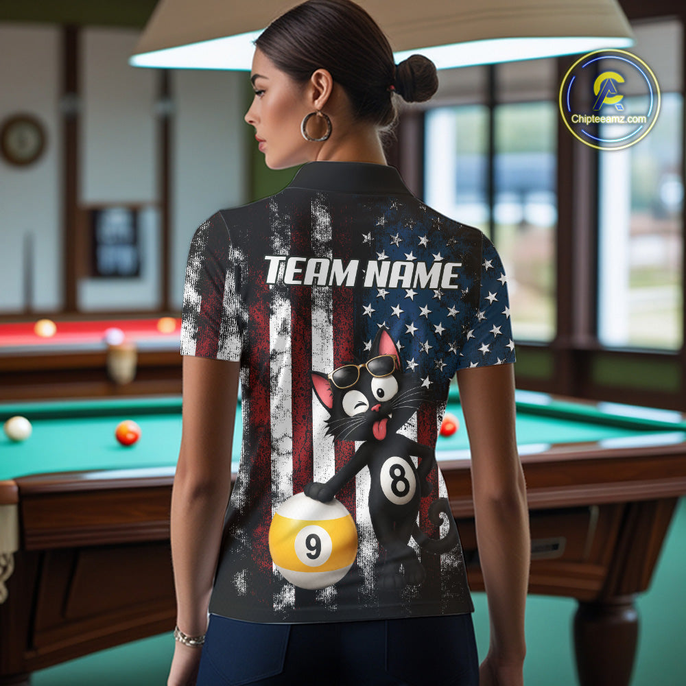 Back view of woman wearing a funny cat pool team shirt in a billiards hall.