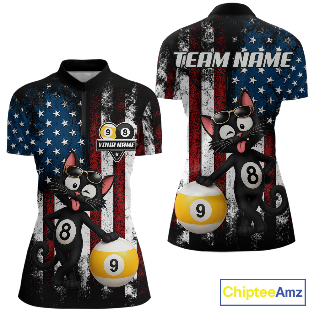 Women’s funny cat 8 ball billiard quarter zip shirt for tournaments and casual pool matches.