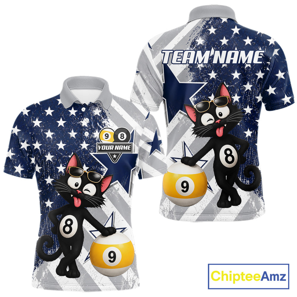 Men’s funny cat 8 ball and 9 ball pool polo shirt with patriotic US flag billiard graphics.