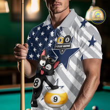 Load image into Gallery viewer, Man wearing a funny cat billiard jersey beside a pool table front view.