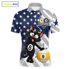 Load image into Gallery viewer, Men’s funny cat 8 ball and 9 ball pool polo shirt with patriotic US flag billiard graphics.