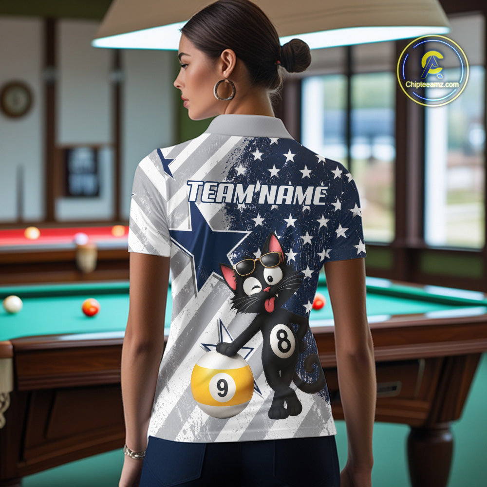 Back view of woman wearing a funny cat pool team shirt in a billiards hall.