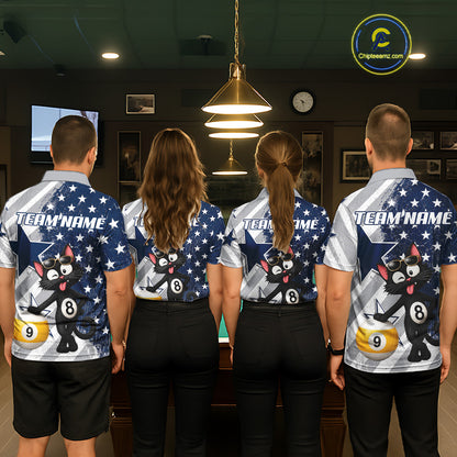 Back view of pool players wearing funny cat billiard shirts in a game room.