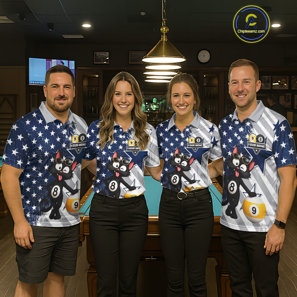 Pool team wearing matching funny cat billiard jerseys during league play front view.