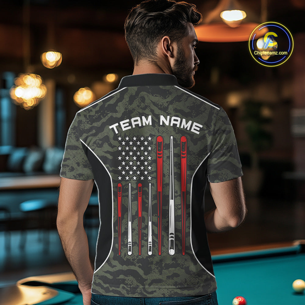 Back view of man wearing a forest camo pool team shirt in a billiards hall.