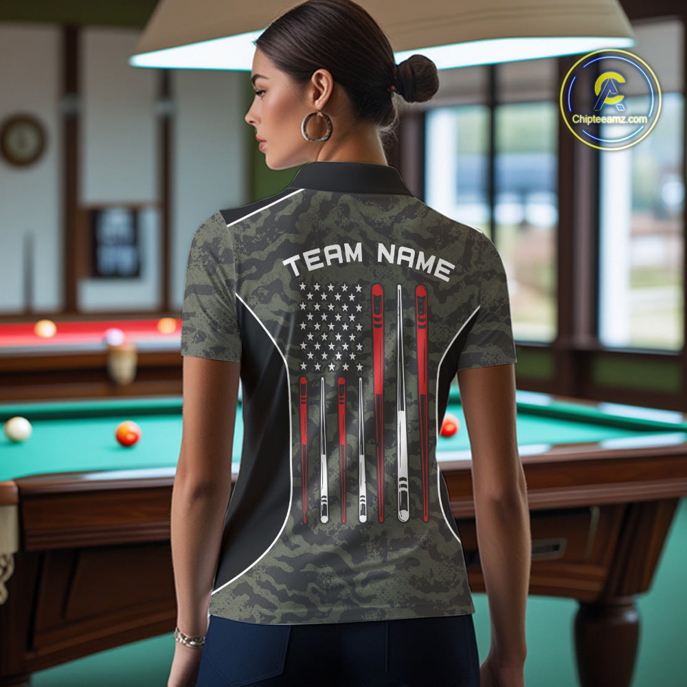 Back view of woman wearing a forest camo pool team shirt in a billiards hall.