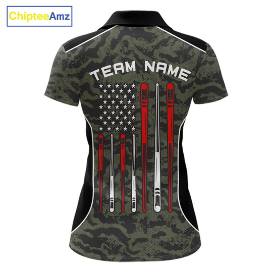 Women’s forest camo 8 ball pool polo shirt with patriotic American flag billiard graphics.