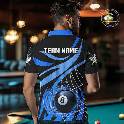 Back view of man wearing a blue flame pool team shirt in a billiards hall.