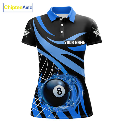 Women’s blue flame 8 ball pool polo shirt with custom billiard team graphics and league style.