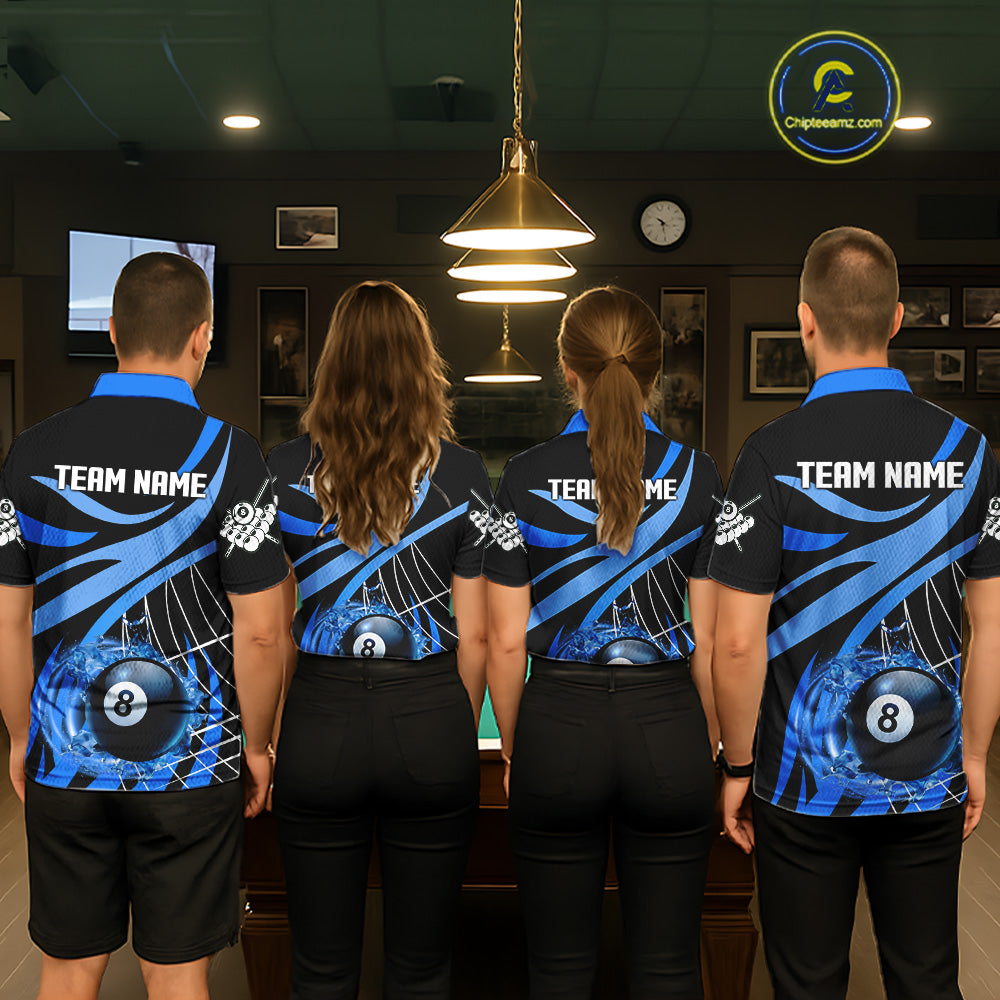 Back view of pool players wearing custom blue flame billiard shirts in a game room.