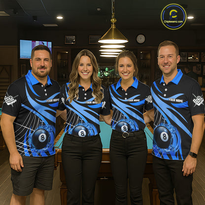 Pool team wearing matching blue flame billiard jerseys during league play front view.