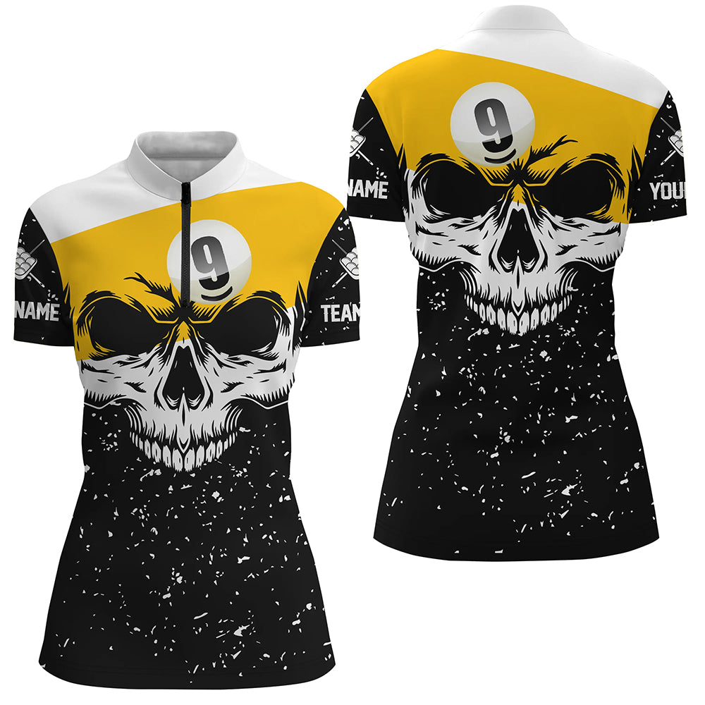 Funny Skull 9 Ball Pool Custom Grunge Black White Billiard Shirts For Women, Billiard Jerseys Apparel TDM2139
