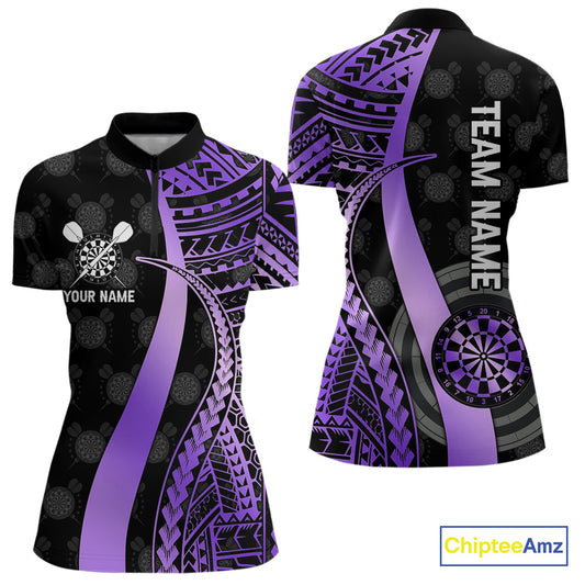 Personalized Black And Purple Tribal Dart Shirts For Women Custom Darts Jersey Team Polo & 1/4 Zip TDM4914