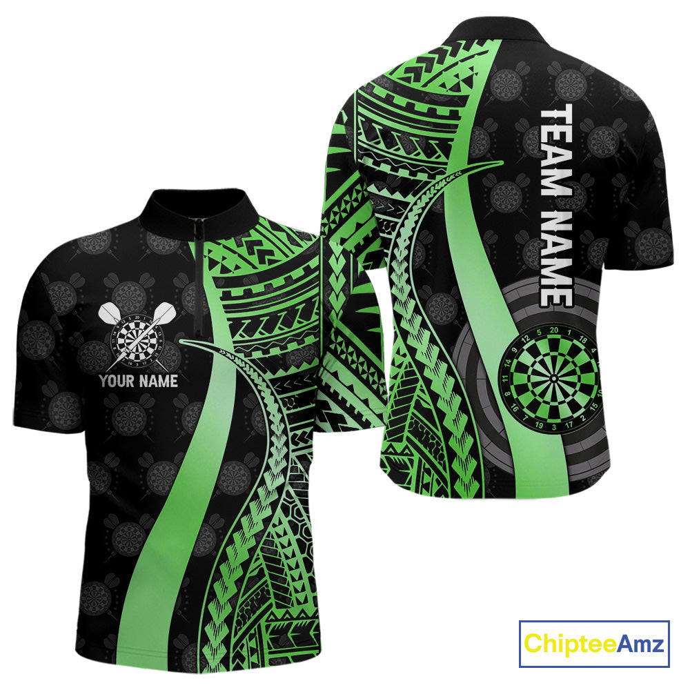 Personalized Black And Green Tribal Dart Shirts For Men Custom Darts Jersey Team Polo & 1/4 Zip TDM4915