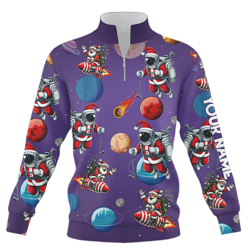 Funny Christmas Santa Astronaut Custom Purple Quarter Zip Golf Sweatshirt, Christmas Golf Sweater TDM3119