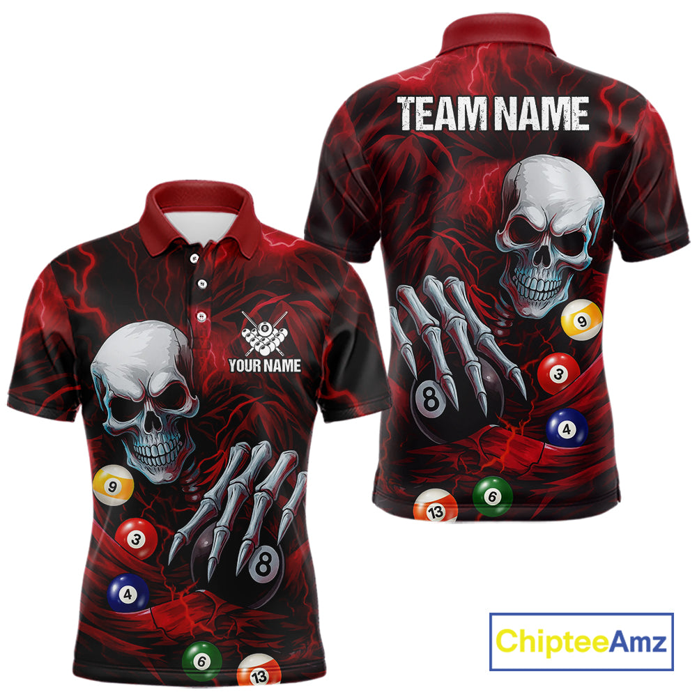 Personalized Red Funny Skeleton Pool Balls Billiard Shirt For Men, Skull Billiard Team Jerseys TDM5343