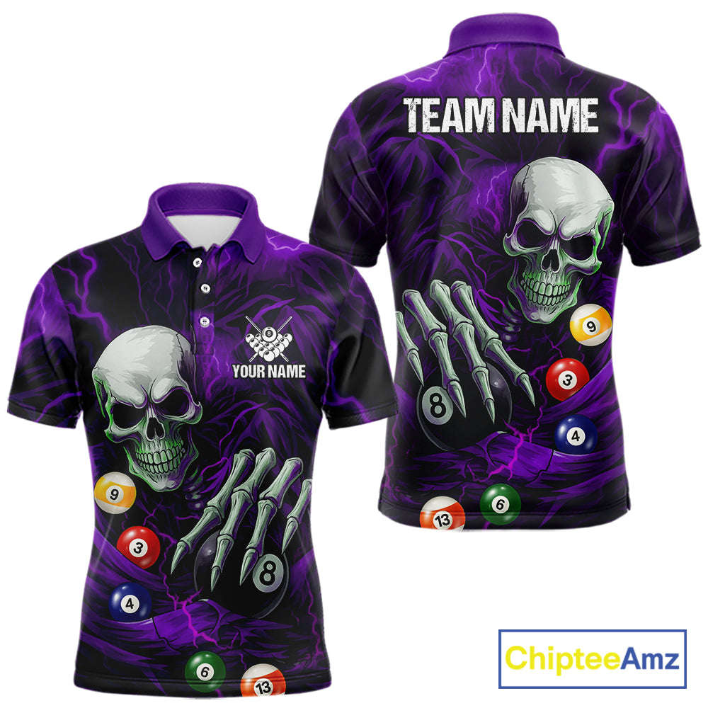 Personalized Purple Funny Skeleton Pool Balls Billiard Shirt For Men, Skull Billiard Team Jerseys TDM5344