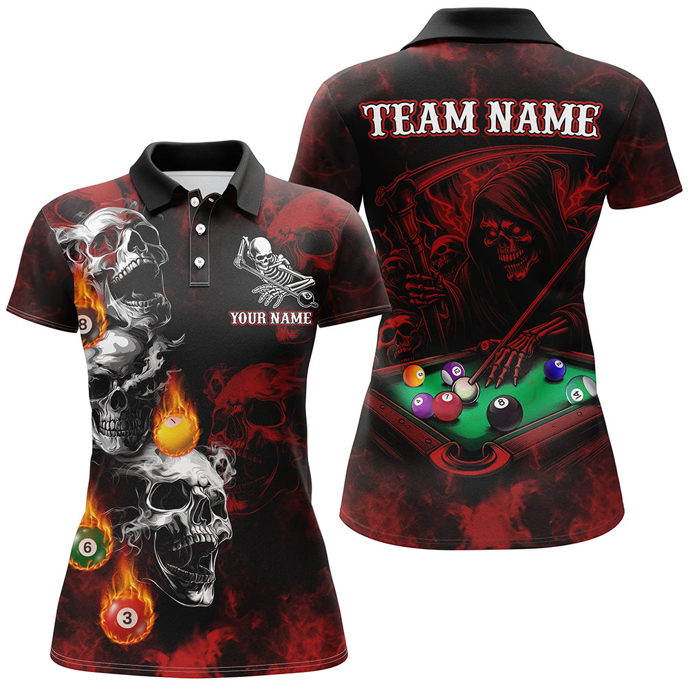 Personalized Red Smoke Skull Billiard Shirts For Women Custom Death Skeleton Billiard Jerseys TDM3364