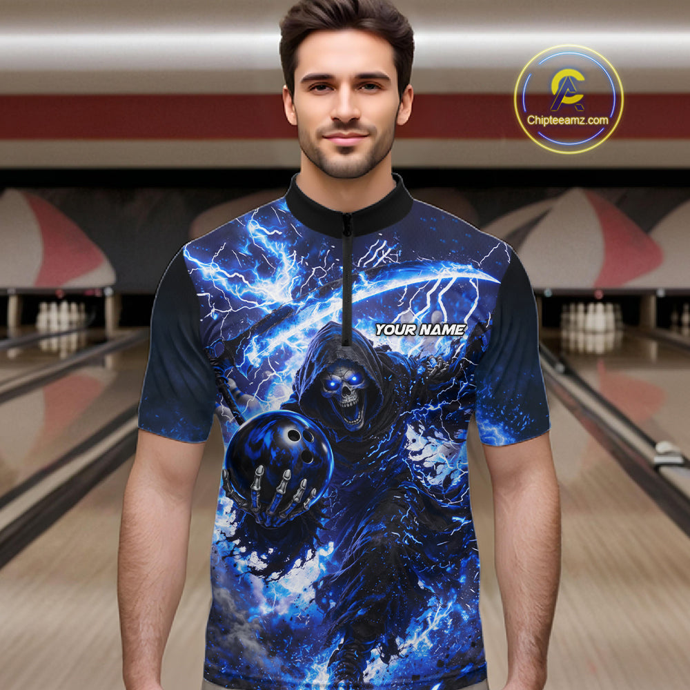 Blue Grim Reaper Fire Smoke Bowling Jersey For Men Custom Bowling Team Shirt Polo & 1/4 Zip TDM6234