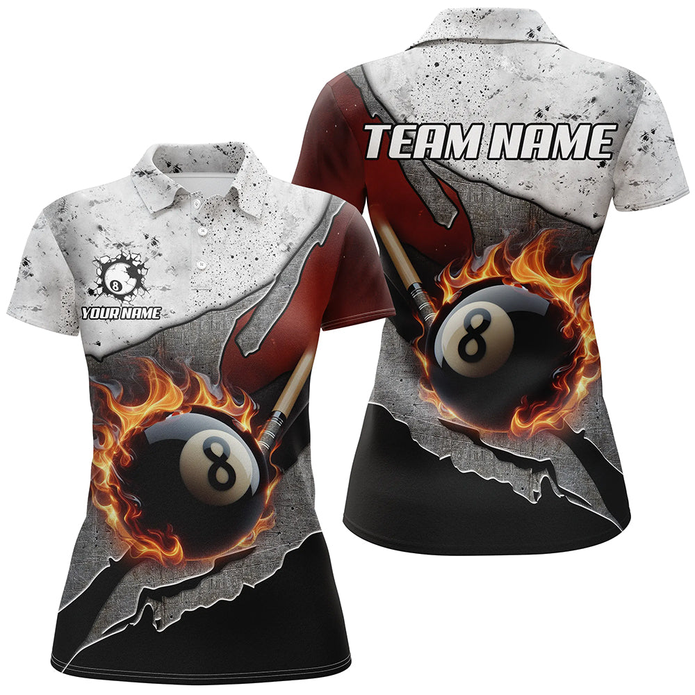 Personalized Grey Grunge Fire 8 Ball Pool  Billiard Women Shirts Custom Pool Player Shirts TDM1567