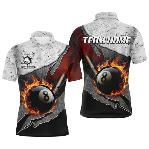 Personalized Grey Grunge Fire 8 Ball Pool  Billiard Men Shirts Custom Pool Player Shirts TDM1567
