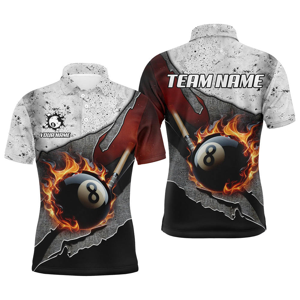 Personalized Grey Grunge Fire 8 Ball Pool  Billiard Men Shirts Custom Pool Player Shirts TDM1567