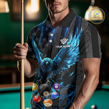 Load image into Gallery viewer, Man wearing a blue lightning eagle billiard jersey during league competition front view.