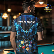 Load image into Gallery viewer, Back view of man wearing a blue lightning eagle pool shirt inside a billiards hall.