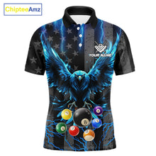Load image into Gallery viewer, Blue lightning eagle 8 ball pool polo shirt for men with patriotic billiard team graphics.