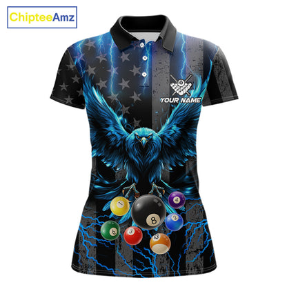 Blue lightning eagle 8 ball pool polo shirt for women with patriotic billiard team graphics.