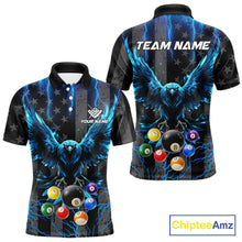 Load image into Gallery viewer, Blue lightning eagle 8 ball pool polo shirt for men with patriotic billiard team graphics.
