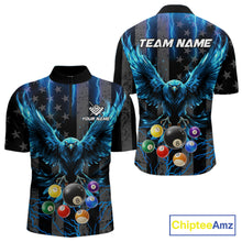 Load image into Gallery viewer, Blue lightning eagle 8 ball billiard quarter zip shirt for men made for tournaments and pool league matches.
