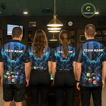 Load image into Gallery viewer, Back view of pool players wearing matching blue lightning billiard shirts in a game room.