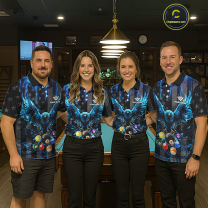 Pool team wearing matching blue lightning eagle billiard jerseys during tournament play front view.