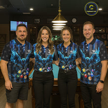 Load image into Gallery viewer, Pool team wearing matching blue lightning eagle billiard jerseys during tournament play front view.