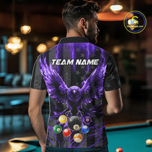Load image into Gallery viewer, Back view of man wearing a purple lightning eagle pool team shirt in a billiards hall.