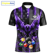 Load image into Gallery viewer, Purple lightning eagle 8 ball billiard polo shirt for men with bold American flag team graphics.