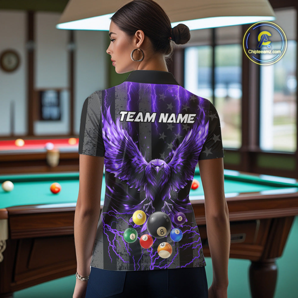 Back view of woman wearing a purple lightning eagle pool team shirt in a billiards hall.