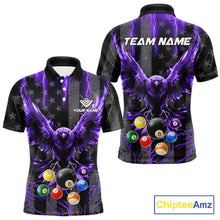 Load image into Gallery viewer, Purple lightning eagle 8 ball billiard polo shirt for men with bold American flag team graphics.