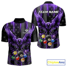 Load image into Gallery viewer, Purple lightning eagle 8 ball billiard quarter zip shirt for men designed for league nights and tournaments.