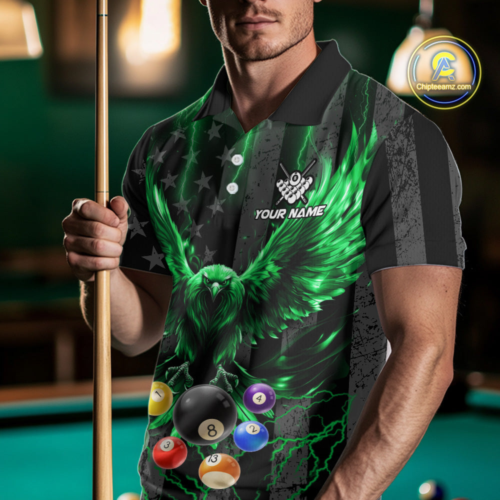 Man wearing a green lightning eagle billiard jersey during pool league play front view.